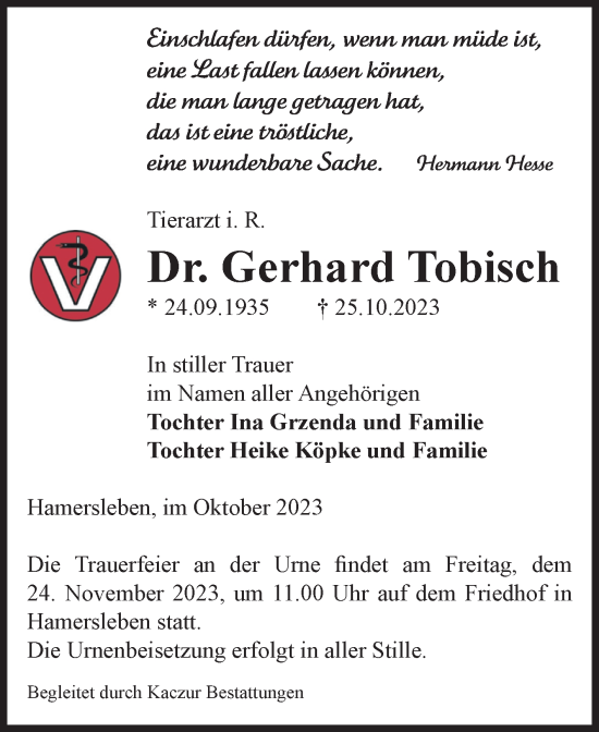 Traueranzeige von Gerhard Tobisch von Volksstimme Oschersleben/Wanzleben