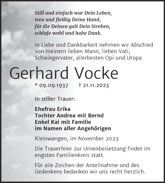 Traueranzeige von Gerhard Vocke von Wochenspiegel Naumburg/Nebra