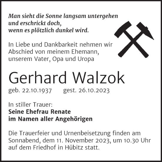 Traueranzeige von Gerhard Walzok von Trauerkombi Mansfelder Land