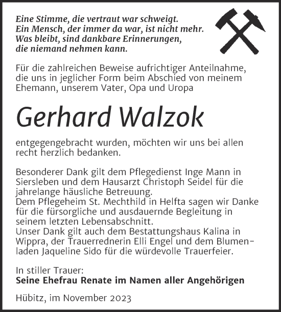 Traueranzeige von Gerhard Walzok von Trauerkombi Mansfelder Land
