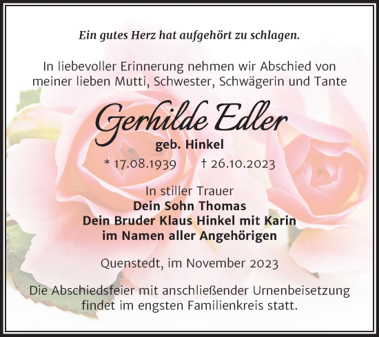Traueranzeige von Gerhilde Edler von Trauerkombi Mansfelder Land