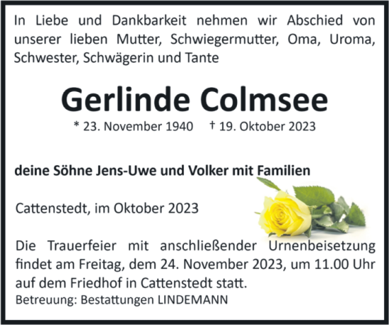 Traueranzeige von Gerlinde Colmsee von Volksstimme Wernigerode