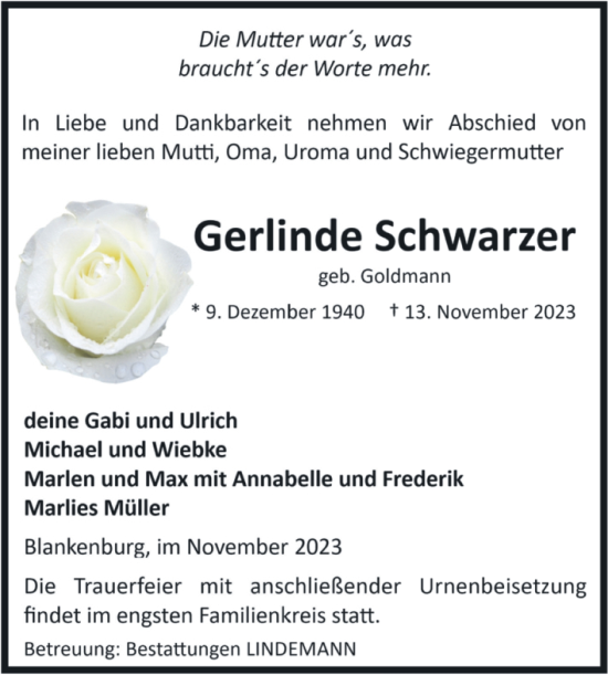 Traueranzeige von Gerlinde Schwarzer von Volksstimme Wernigerode