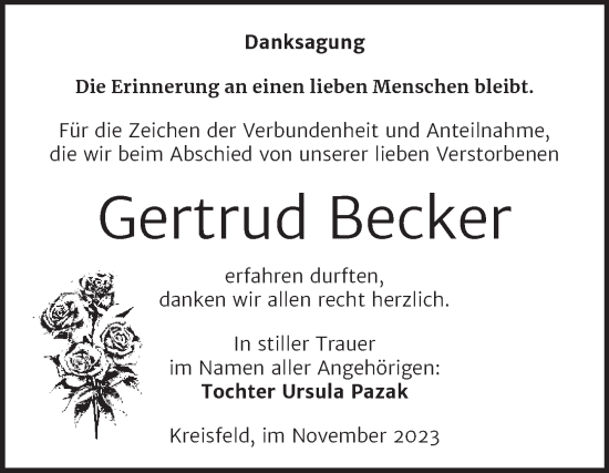 Traueranzeige von Gertrud Becker von Trauerkombi Mansfelder Land