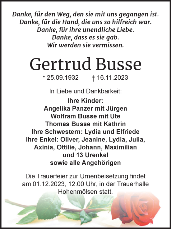 Traueranzeige von Gertrud Busse von Trauerkombi Weißenfels