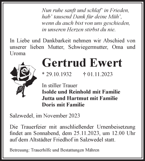 Traueranzeige von Gertrud Ewert von Volksstimme Altmark West