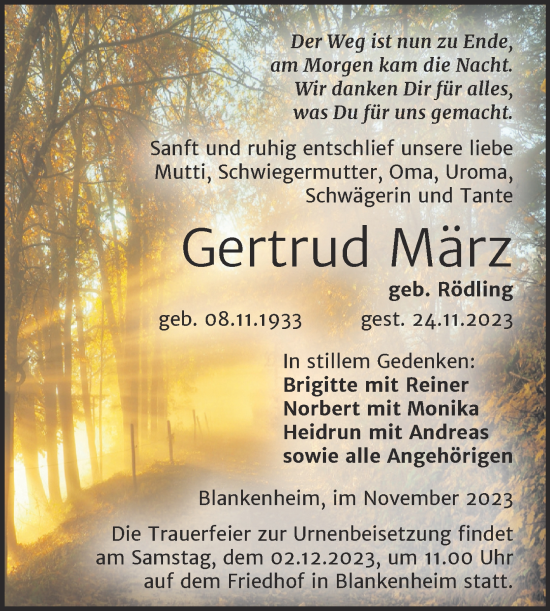 Traueranzeige von Gertrud März von Mitteldeutsche Zeitung Sangerhausen