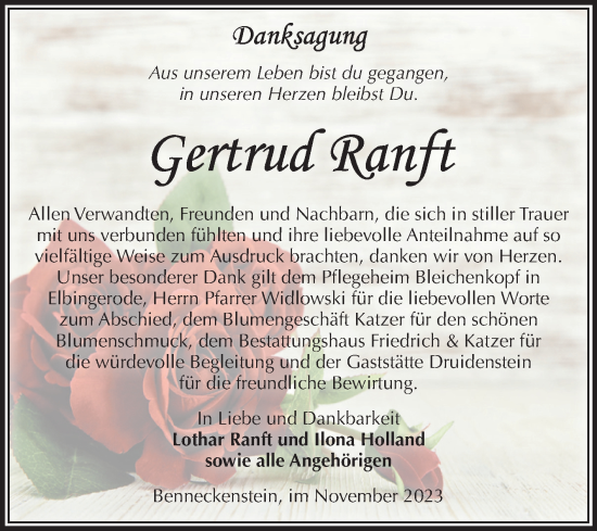 Traueranzeige von Gertrud Ranft von Volksstimme Wernigerode