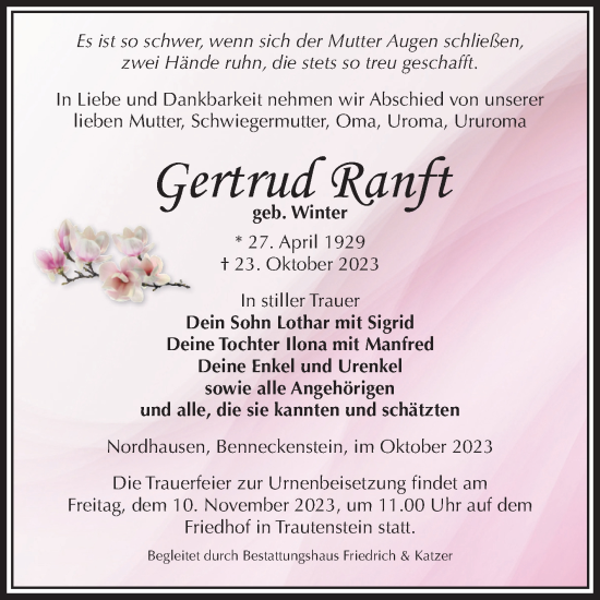 Traueranzeige von Gertrud Ranft von Volksstimme Wernigerode