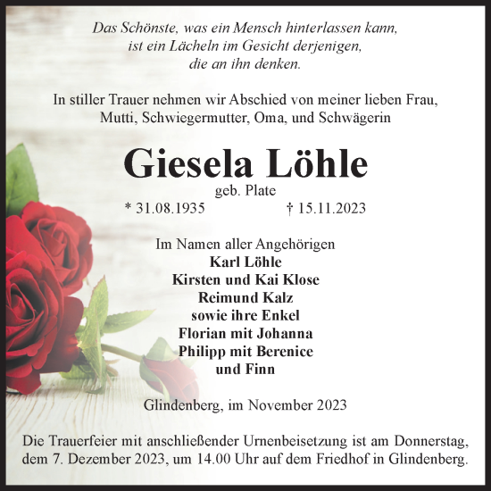Traueranzeige von Giesela Löhle von Volksstimme Haldensleben/Wolmirstedt