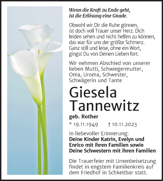 Traueranzeige von Giesela Tannewitz von Trauerkombi Weißenfels