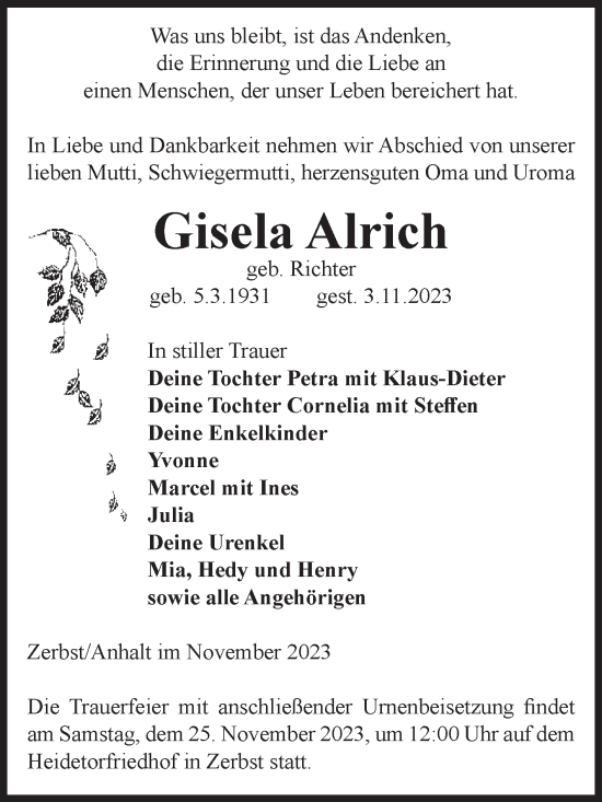 Traueranzeige von Gisela Alrich von Volksstimme Zerbst