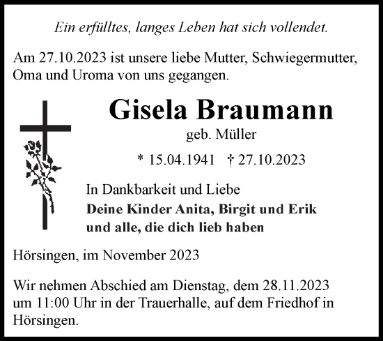 Traueranzeige von Gisela Braumann von Volksstimme Haldensleben/Wolmirstedt