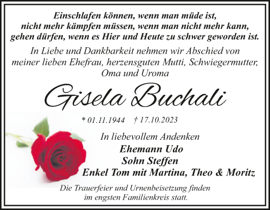 Traueranzeige von Gisela Buchali von Trauerkombi Dessau
