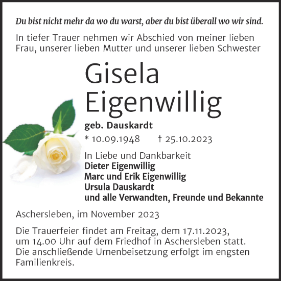 Traueranzeige von Gisela Eigenwillig von Trauerkombi Aschersleben