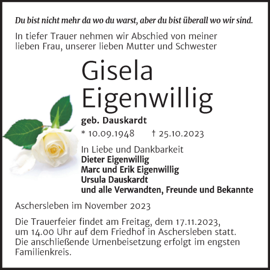 Traueranzeige von Gisela Eigenwillig von Trauerkombi Aschersleben