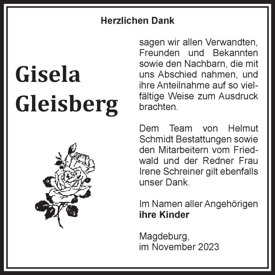 Traueranzeige von Gisela Gleisberg von Volksstimme Magdeburg