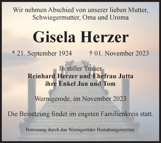 Traueranzeige von Gisela Herzer von Volksstimme Wernigerode