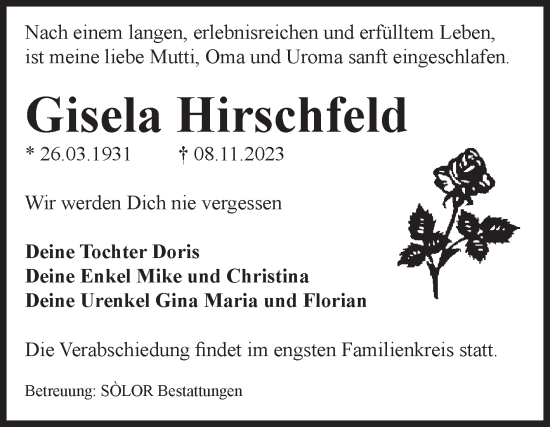 Traueranzeige von Gisela Hirschfeld von Volksstimme Magdeburg