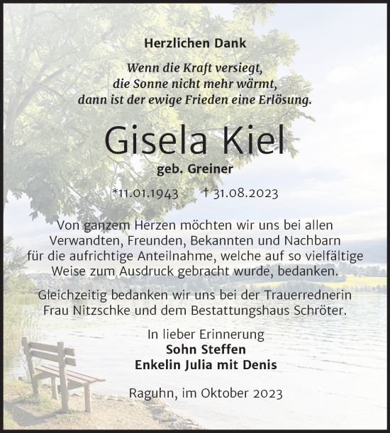Traueranzeige von Gisela Kiel von Trauerkombi Bitterfeld