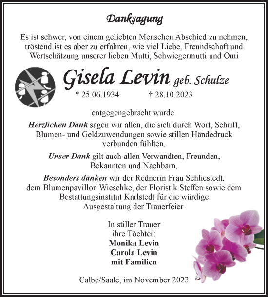 Traueranzeige von Gisela Levin von Volksstimme Schönebeck