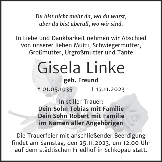 Traueranzeige von Gisela Linke von Mitteldeutsche Zeitung Merseburg/Querfurt