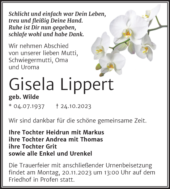 Traueranzeige von Gisela Lippert von Trauerkombi Zeitz