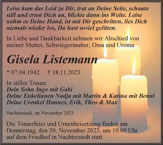Traueranzeige von Gisela Listemann von Trauerkombi Aschersleben