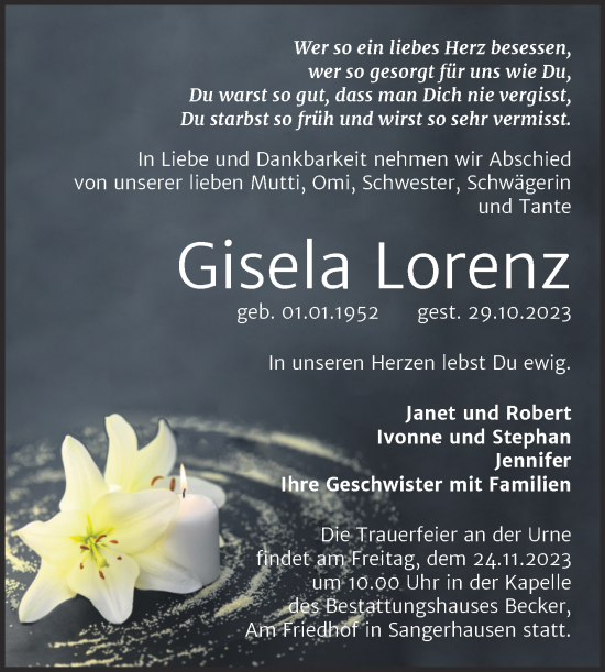 Traueranzeige von Gisela Lorenz von Trauerkombi Sangerhausen