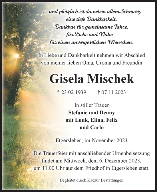 Traueranzeige von Gisela Mischek von Volksstimme Staßfurt