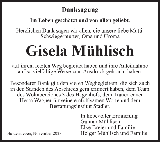 Traueranzeige von Gisela Mühlisch von Volksstimme Haldensleben/Wolmirstedt