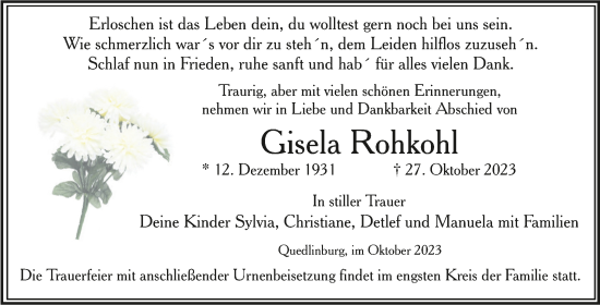 Traueranzeige von Gisela Rohkohl von Trauerkombi Quedlinburg