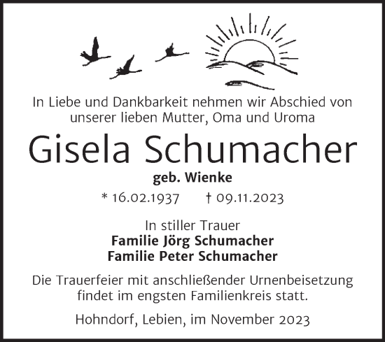 Traueranzeige von Gisela Schumacher von Trauerkombi Wittenberg