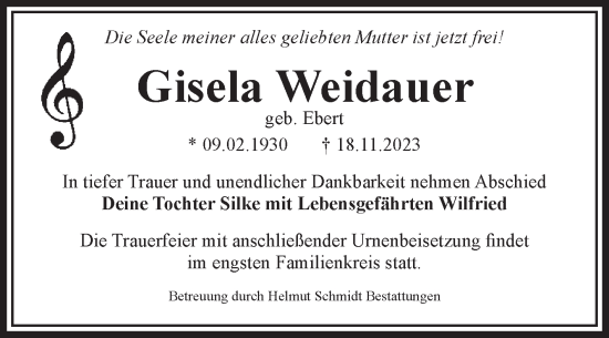 Traueranzeige von Gisela Weidauer von Volksstimme Magdeburg