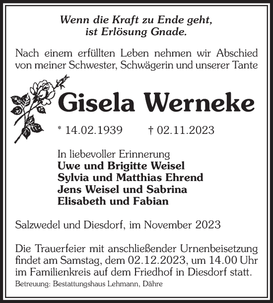 Traueranzeige von Gisela Werneke von Volksstimme Altmark West
