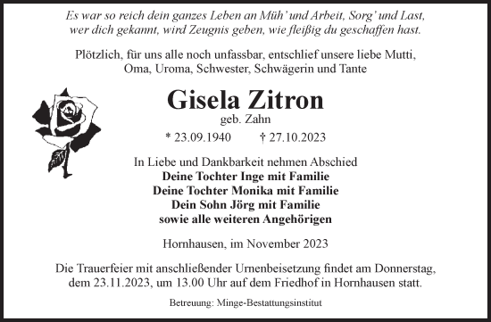 Traueranzeige von Gisela Zitron von Volksstimme Oschersleben/Wanzleben