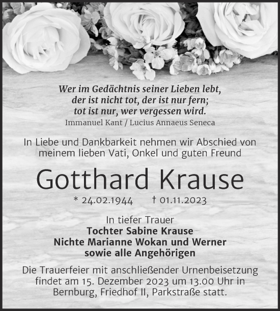 Traueranzeige von Gotthard Krause von Trauerkombi Bernburg