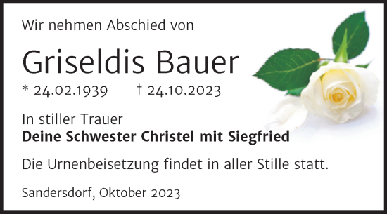 Traueranzeige von Griseldis Bauer von Trauerkombi Bitterfeld