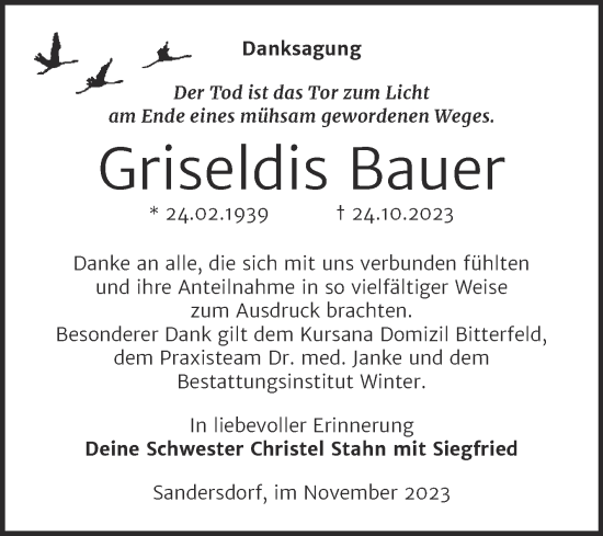 Traueranzeige von Griseldis Bauer von Trauerkombi Bitterfeld