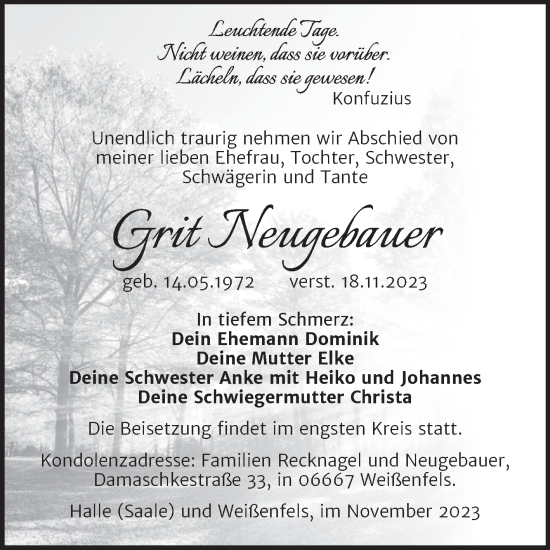 Traueranzeige von Grit Neugebauer von Trauerkombi Weißenfels
