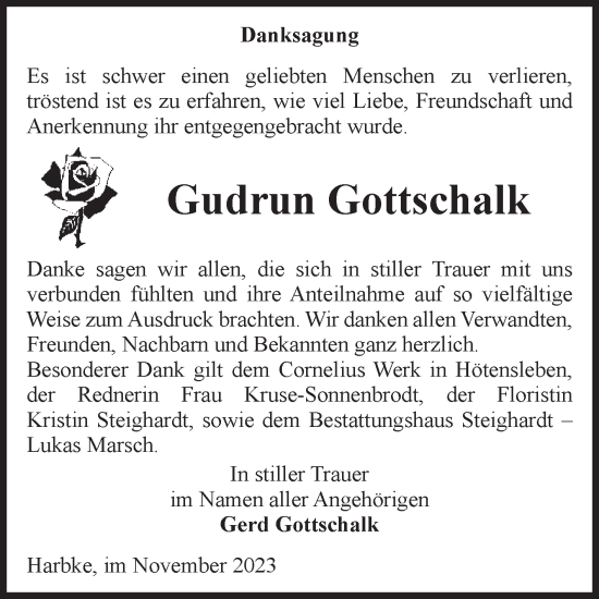 Traueranzeige von Gudrun Gottschalk von Volksstimme Oschersleben/Wanzleben