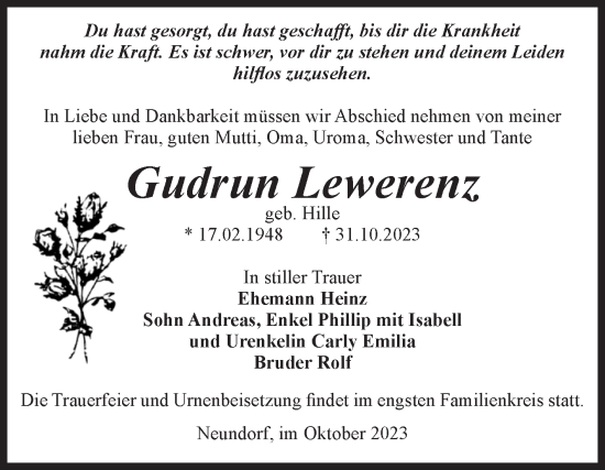 Traueranzeige von Gudrun Lewerenz von Volksstimme Staßfurt