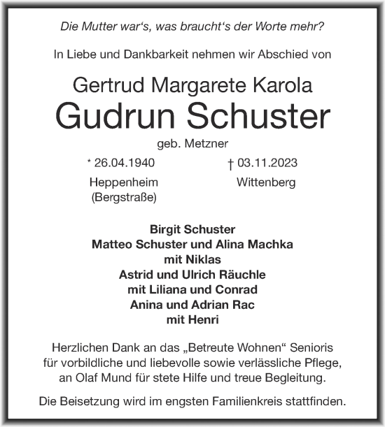 Traueranzeige von Gudrun Schuster von Trauerkombi Wittenberg