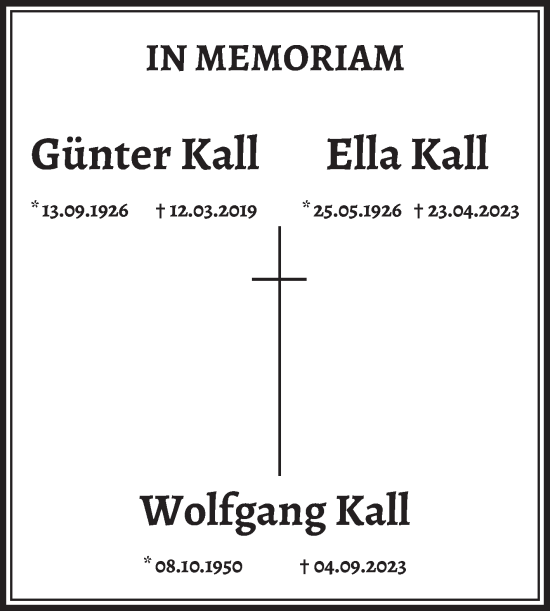 Traueranzeige von Günter, Ella und Wolfgang Kall von Volksstimme Magdeburg