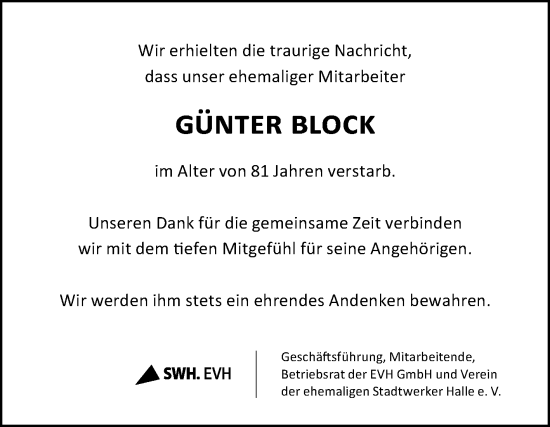 Traueranzeige von Günter Block von Mitteldeutsche Zeitung Halle/Saalkreis
