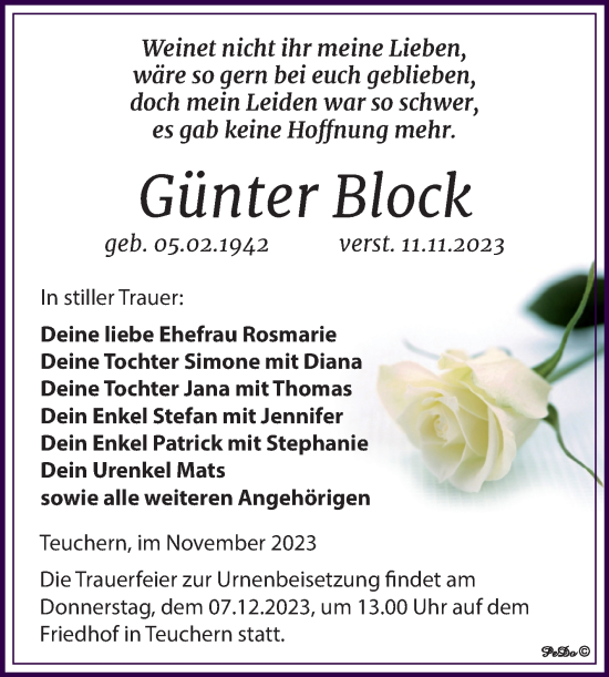 Traueranzeige von Günter Block von Trauerkombi Weißenfels