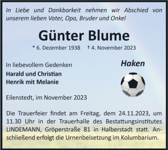 Traueranzeige von Günter Blume von Volksstimme Halberstadt