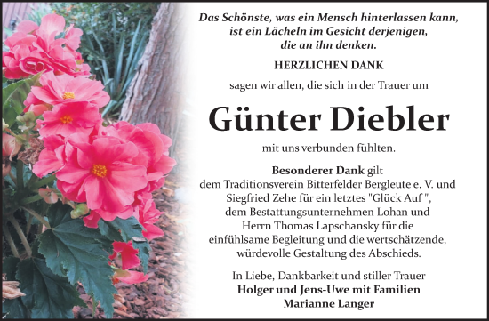 Traueranzeige von Günter Diebler von Trauerkombi Bitterfeld