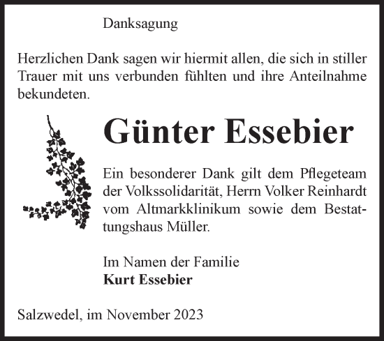 Traueranzeige von Günter Essebier von Volksstimme Altmark West