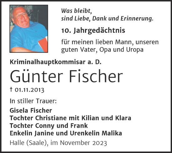 Traueranzeige von Günter Fischer von Mitteldeutsche Zeitung Halle/Saalkreis